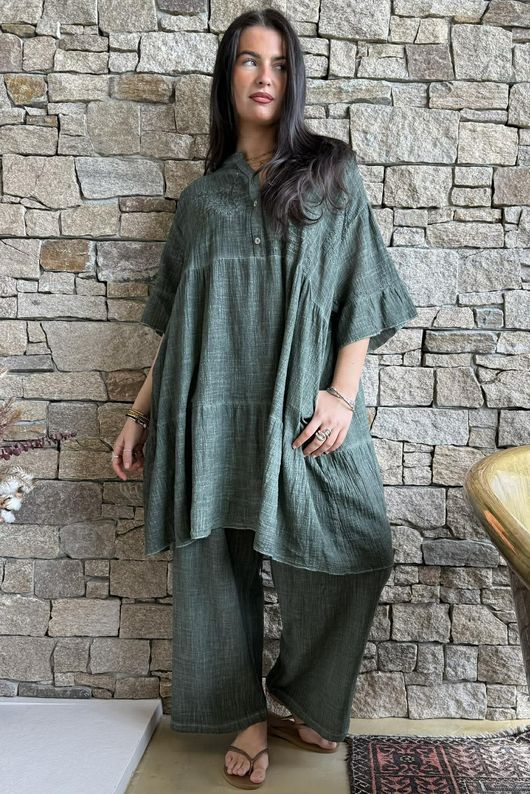 Loom & Thread Embroidered Tiered Smock Dress Washed Moss